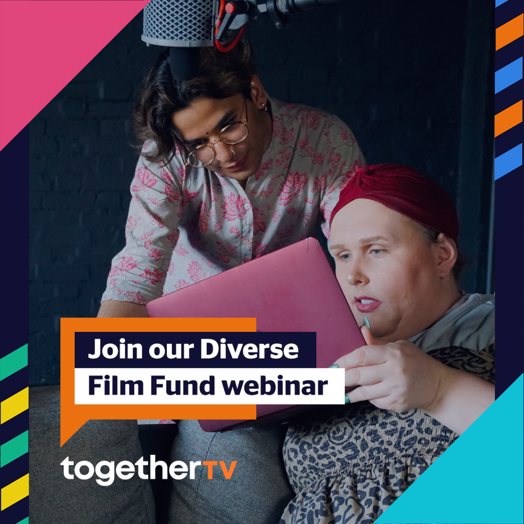 Orange speech bubble reading: "Join our Diverse Film Fund Webinar". Behind is a photo of two people looking at a laptop screen. One is bending over the back of a sofa with short brown hair, brown skin, glasses and a blue shirt with pink flower stencils. The other person is sitting on the sofa wearing a red velvet hair turban and a leopard print dress.