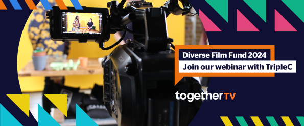 Speech bubble with the text: Diverse Film Fund 2024. Join our webinar with TripleC. Behind the speech bubble is a colourful graphic with geometric shapes and a photo of a film camera shooting two people on set in front of a yellow backdrop.
