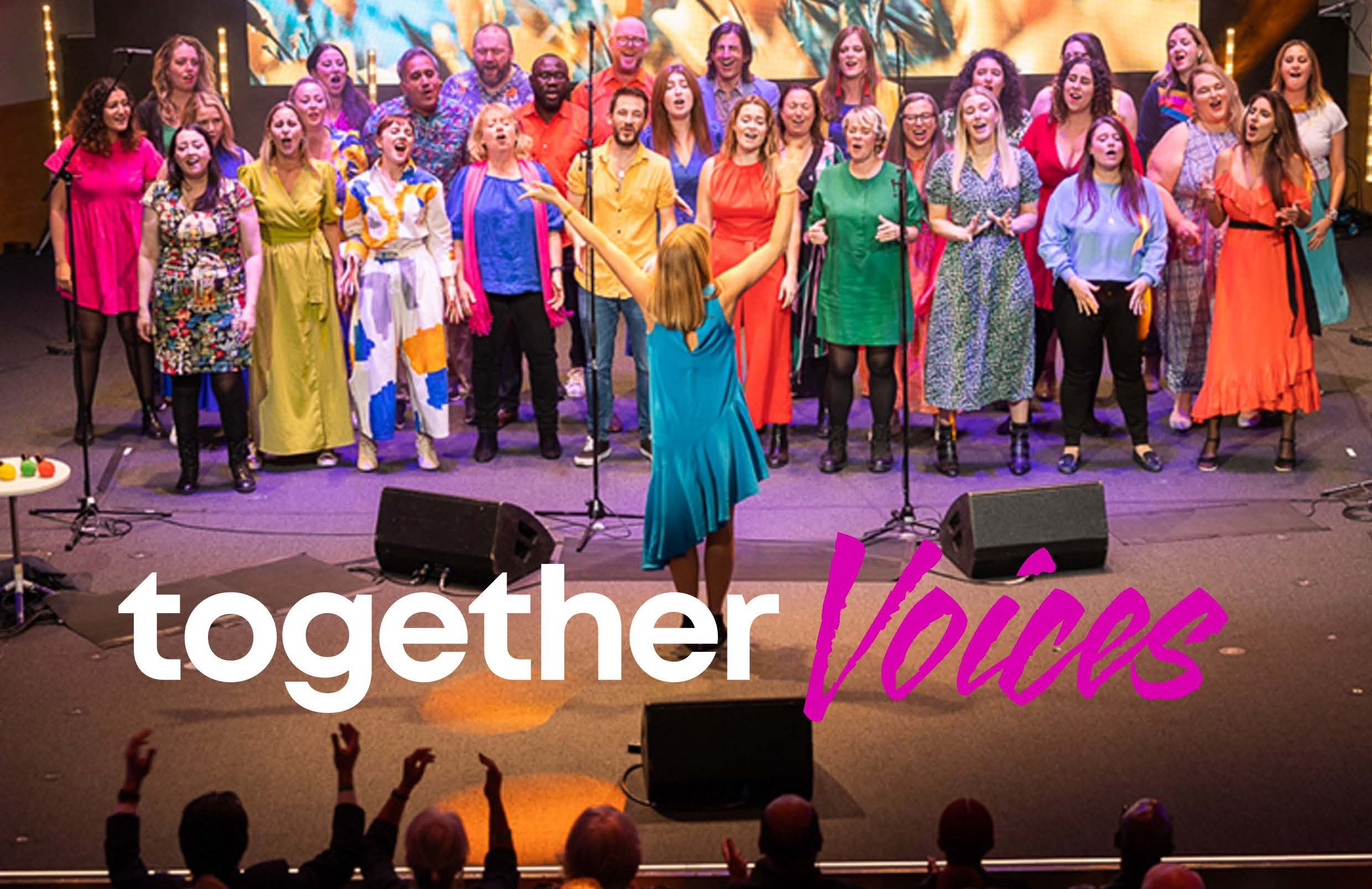 Choir photo from Together TV's event at BBC's theatre in 2022, with Together Voices layered on top